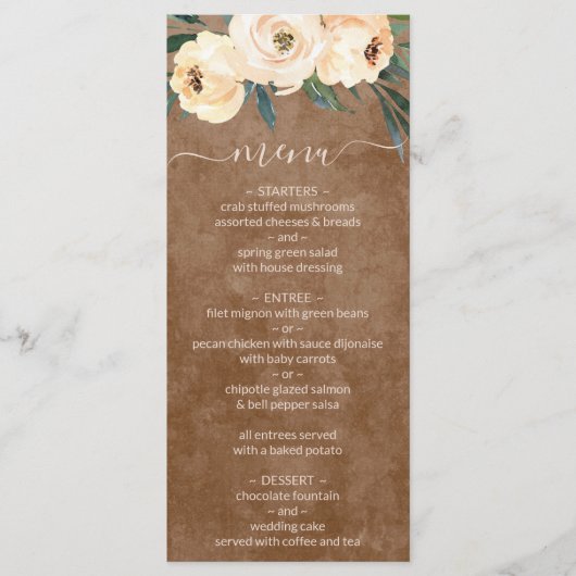 Neutraal Beige Bloem Boho Bruin Trouwmenu Menu (Voorkant)