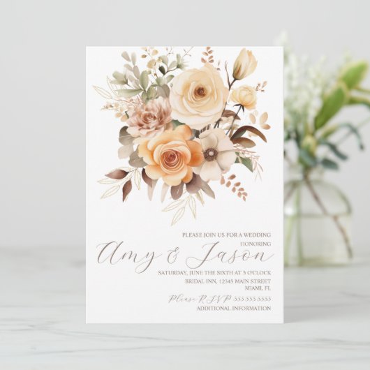 Neutraal Beige Bloemen Botanische Bruiloft Bruin Kaart (Staand voorkant)