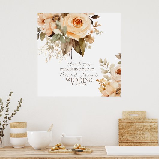 Neutraal Beige Bloemen Botanische Bruiloft Bruin Poster (Keuken)