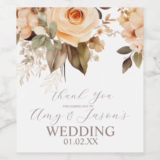 Neutraal Beige Bloemen Botanische Bruiloft Bruin Wijn Etiket (Enkel label)