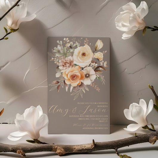 Neutraal Beige Bloemen Botanische Bruiloft Kaart