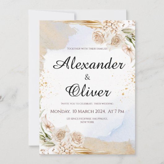 Neutraal Beige Bloemen Huwelijksuitnodiging Kaart (Voorkant)