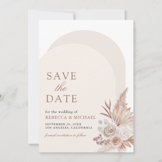 Neutraal beige bloemenpampas boog foto QR-code Save The Date (Voorkant)