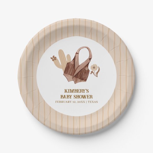 Neutraal Beige Boho Cactus Cowgirl Baby shower Papieren Bordje (Voorkant)