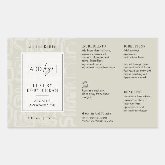 Neutraal Beige Boho Patroon Logo 4OZ Cosmo Fles Rechthoekige Sticker (Voorkant)