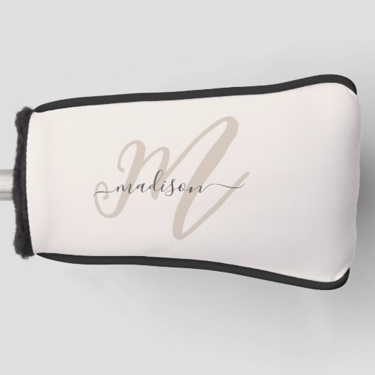 Neutraal Beige Bold Script Monogram en Naam Golfheadcover (Voorkant)