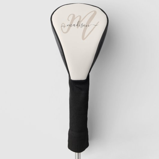 Neutraal Beige Bold Script Monogram en Naam Golfheadcover (Voorkant)