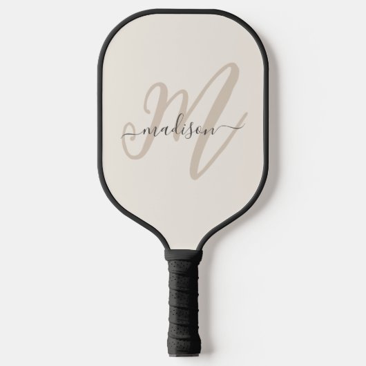Neutraal Beige Bold Script Monogram en Naam Pickleball Paddle (Voorkant)