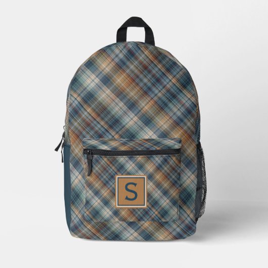 Neutraal beige bruin Blauwgroen blauw geruite tart Bedrukte Rugzak (Voorkant)