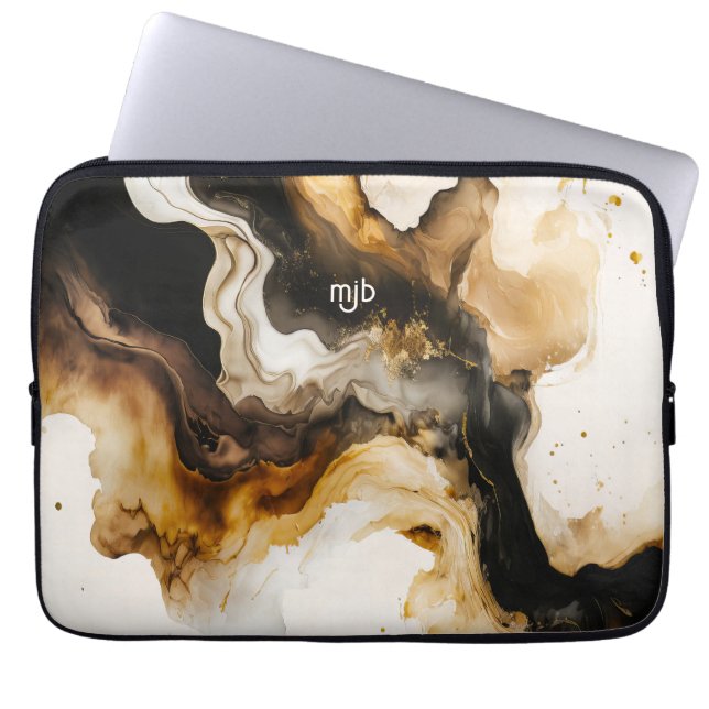 Neutraal Beige en Gold Abstract Inkwash Laptop Sleeve (Voorkant)