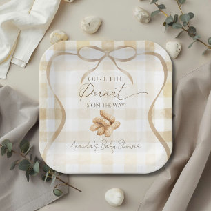 Neutraal Beige Gingham Kleine Pinda Baby Shower Papieren Bordje