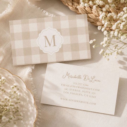 Neutraal Beige Gingham Monogram Visitekaartje