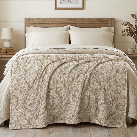 Neutraal Beige Goud Botanisch Blad William Morris Fleece Deken