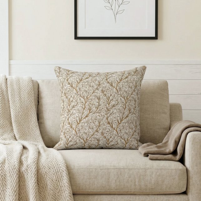 Neutraal Beige Goud Botanisch Blad William Morris Kussen (Creator heeft geüpload)