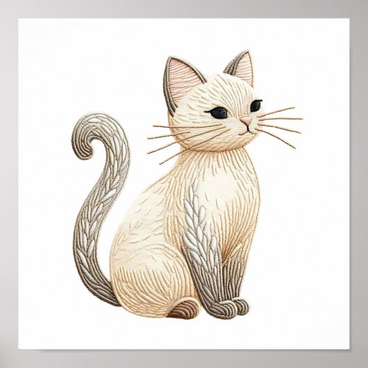 Neutraal beige Kat geborduurd Boho Cat Poster (Voorkant)