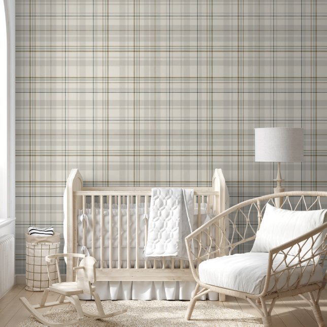 Neutraal Beige Plaid-Modern Boerderij Tartan Accen Behang (Kinderen)