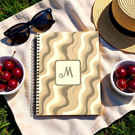 Neutraal Beige Retro Golven Persoonlijk Monogram Notitieboek