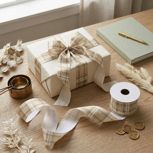 Neutraal Beige Schotlandse ruit Tartan Satijnen Lint