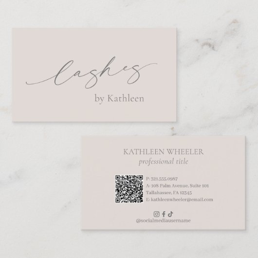 Neutraal Beige Tan QR Code Elegante Wimpers Modern Visitekaartje (Voorkant / Achterkant)