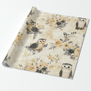 Neutraal Beige Uil Florale Botanische Patroon Cadeaupapier