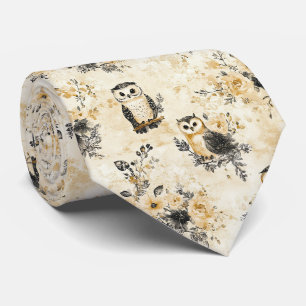 Neutraal Beige Uil Florale Botanische Patroon Stropdas