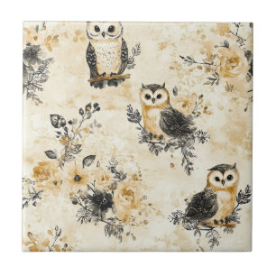 Neutraal Beige Uil Florale Botanische Patroon Tegeltje