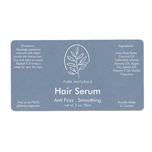 Neutraal blauw blauw blauw modern botanisch produc etiket (Voorkant)