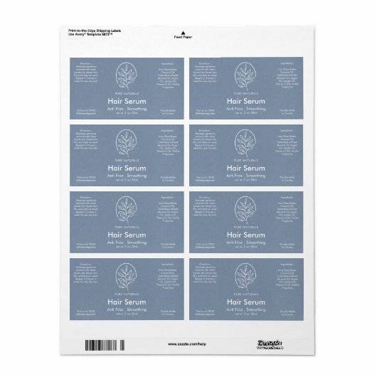 Neutraal blauw blauw blauw modern botanisch produc etiket (Full Sheet)