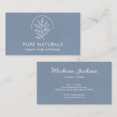 Neutraal Blauw Modern Botanisch Leaf Logo Simple Visitekaartje (Voorkant / Achterkant)