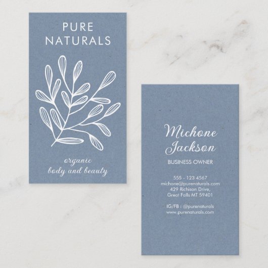 Neutraal blauw modern botanisch leder Eenvoudig mo Visitekaartje (Voorkant / Achterkant)