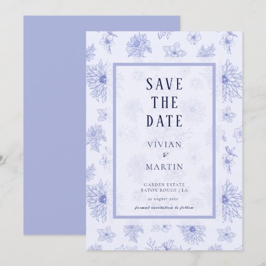 Neutraal Blauw Schaduw bloemenpatroon Sla de datum Kaart (Voorkant / Achterkant)