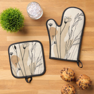 Neutraal Bloemmotief Ovenwant & Pannenlap Set