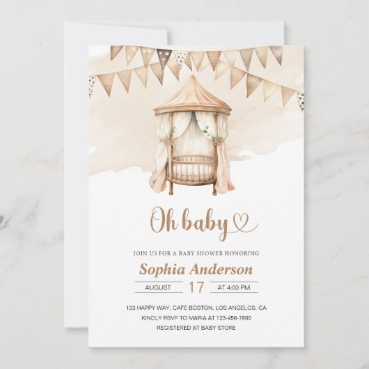 Neutraal Boho Baby shower uitnodiging – Oh Baby th (Voorkant)