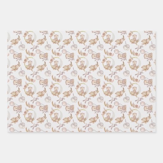 Neutraal Boho Beer Moon Baby shower Inpakpapier Vel (Voorkant)