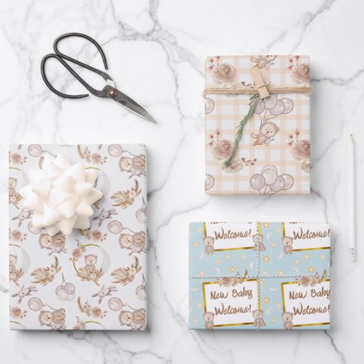 Neutraal Boho Beer Moon Baby shower Inpakpapier Vel (Voorkant)