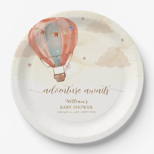 Neutraal Boho  Hete Luchtballon Baby shower Papieren Bordje (Voorkant)
