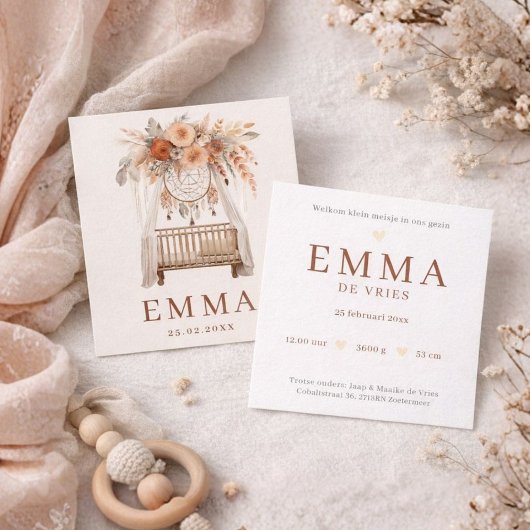 Neutraal Boho Wieg Bloemen  Aardetinten geboorte Kaart