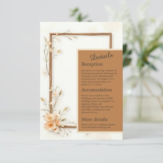Neutraal botanisch accent bruiloft informatiekaartje (Staand voorkant)