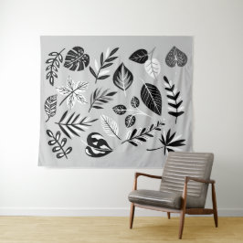 Neutraal botanisch zwart en wit blad - Grijs Wandkleed