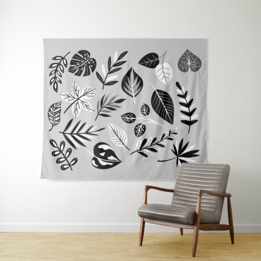 Neutraal botanisch zwart en wit blad - Grijs Wandkleed (In Situ (horizontaal))