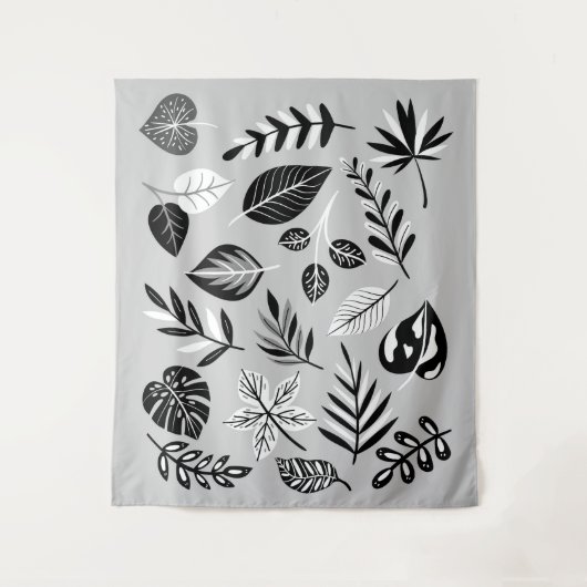 Neutraal botanisch zwart en wit blad - Grijs Wandkleed (Voorkant)