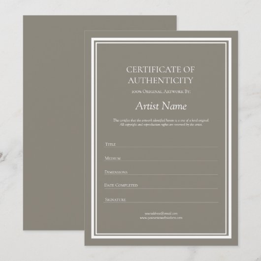 Neutraal Certificaat van Echtheid voor Kunst Bedankkaart (Voorkant / Achterkant)