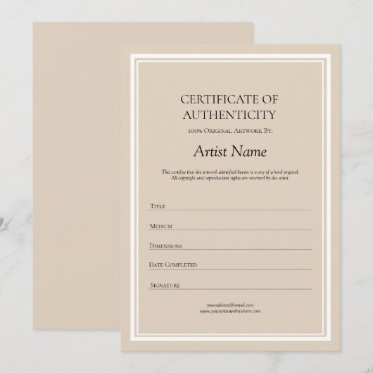 Neutraal Certificaat van Echtheid voor Kunst Bedankkaart (Voorkant / Achterkant)