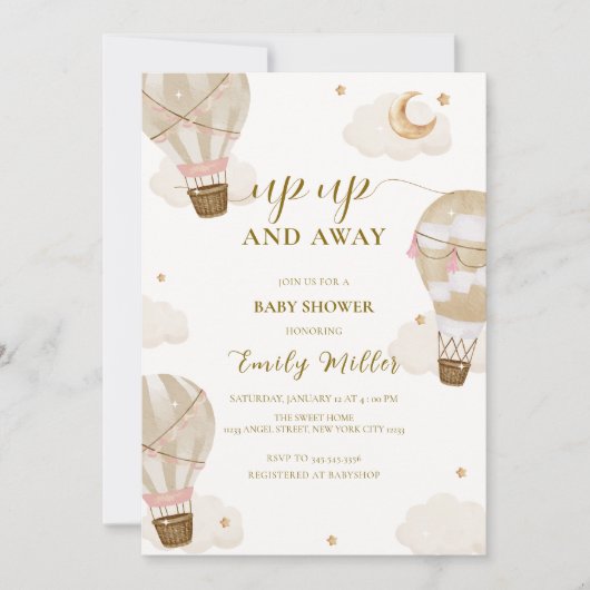 Neutraal Elegant Boho Hete Luchtballon Baby shower Kaart (Voorkant)