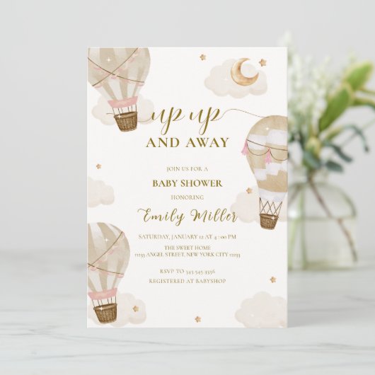 Neutraal Elegant Boho Hete Luchtballon Baby shower Kaart (Staand voorkant)