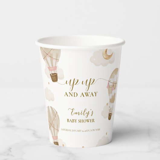Neutraal Elegant Boho Hete Luchtballon Baby shower Papieren Bekers (Achterkant)