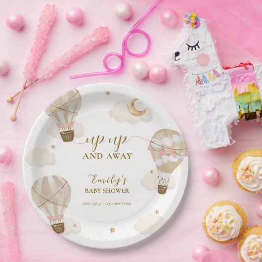 Neutraal Elegant Boho Hete Luchtballon Baby shower Papieren Bordje (Feest)