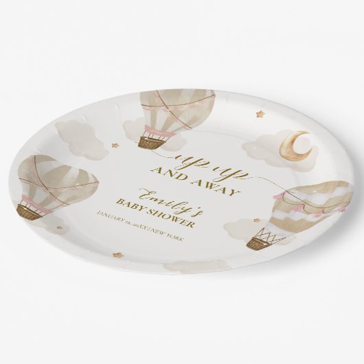 Neutraal Elegant Boho Hete Luchtballon Baby shower Papieren Bordje (Gekanteld)
