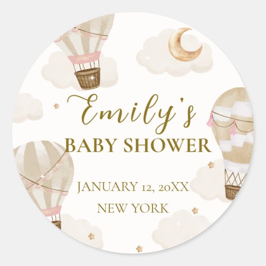 Neutraal Elegant Boho Hete Luchtballon Baby shower Ronde Sticker (Voorkant)