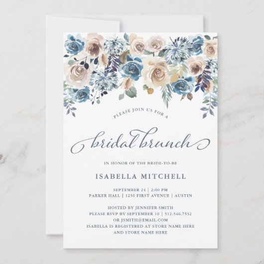 Neutraal en blauw bloemen | bruidbrunch kaart (Voorkant)